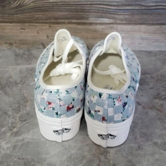 New Vans Authentic Stacked Woven Denim Floral Blue White Platform Shoes - Picture 5 of 8